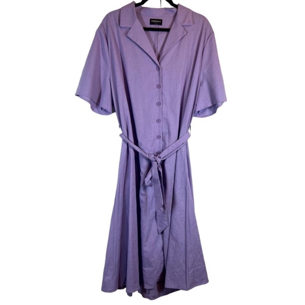 Rebdolls linen blend waist tie lilac collared midi dress